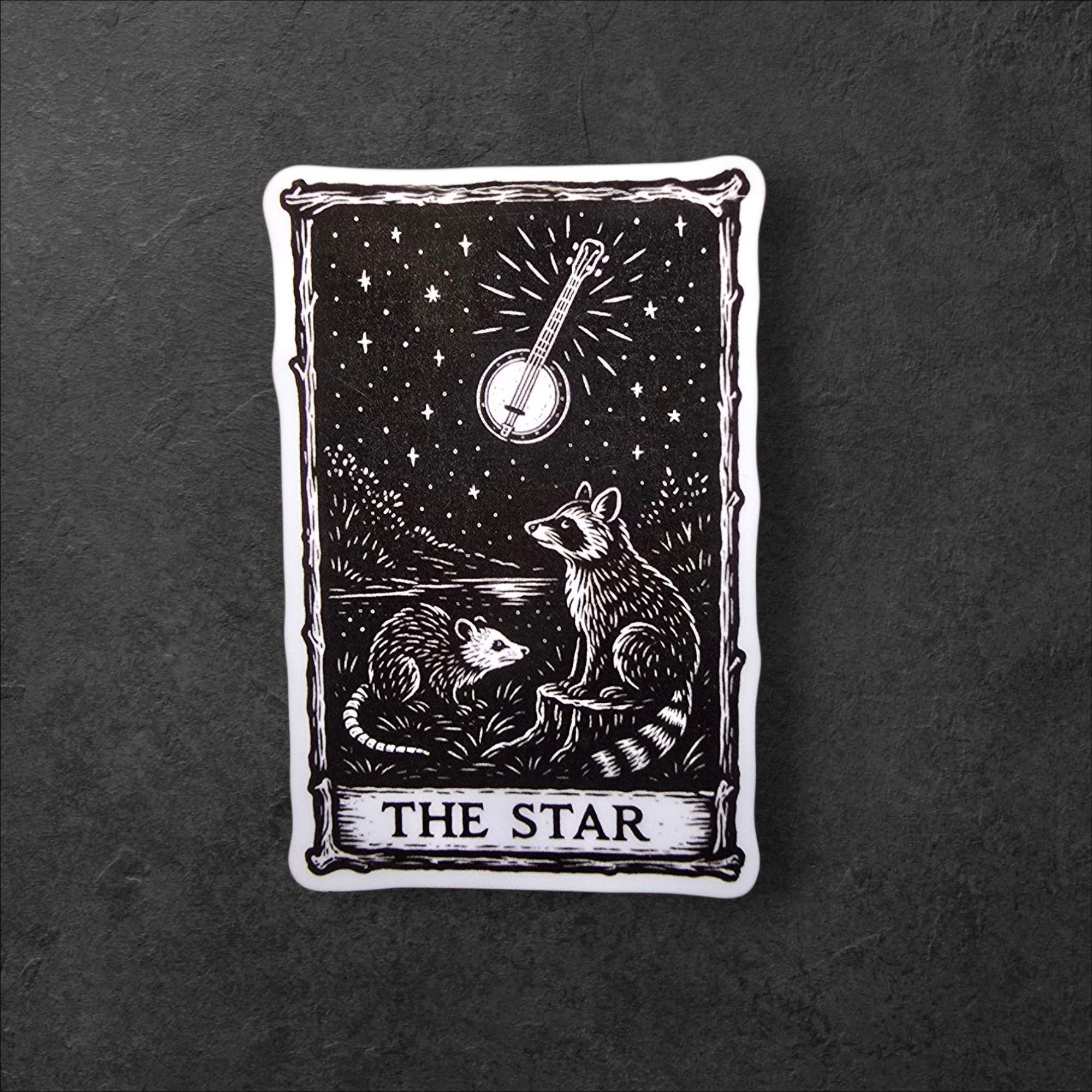 The Star Tarot Sticker – Banjo Possum and Raccoon Vinyl Decal for Laptop, Tumbler, or Journal