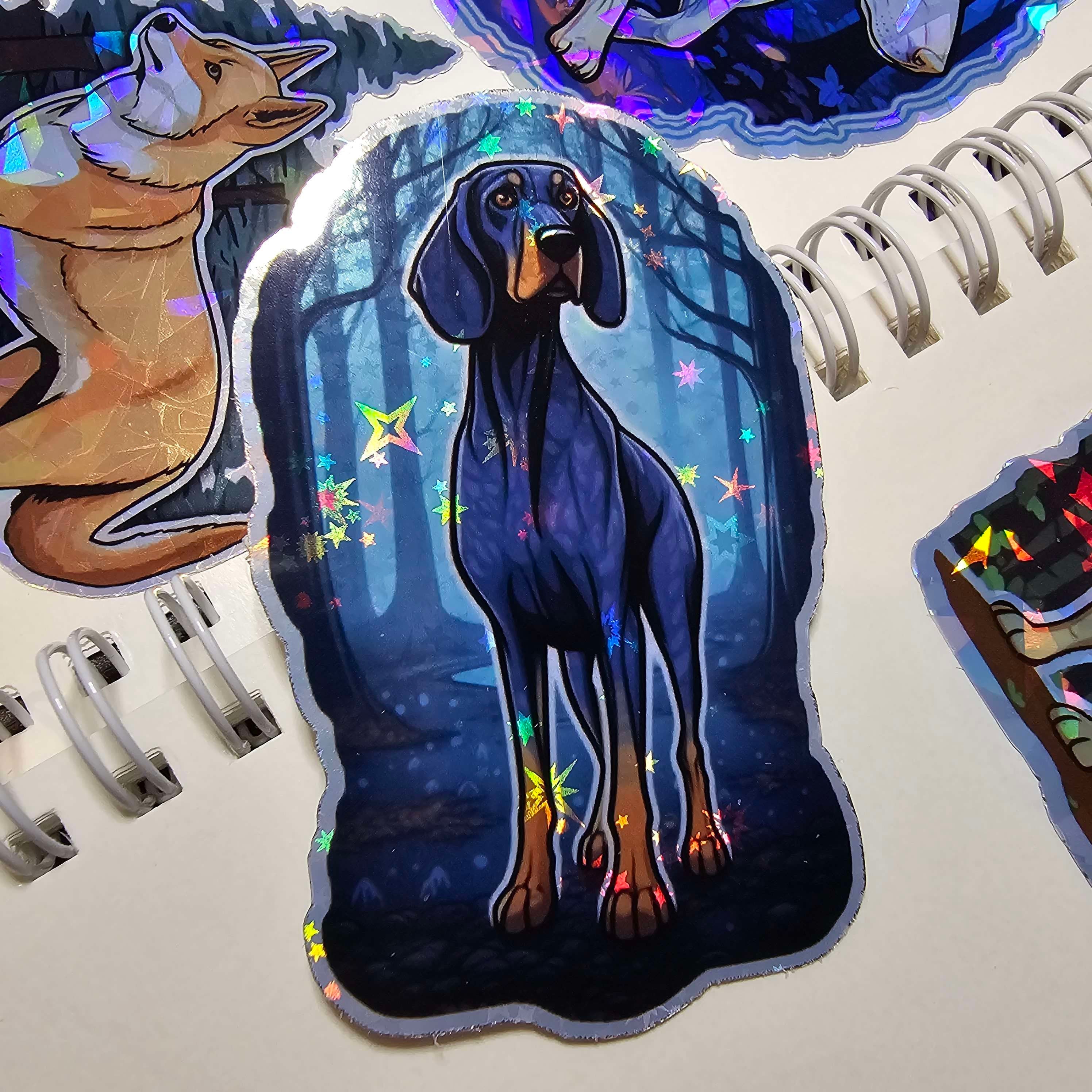 Holographic Black and Tan Coonhound Sticker: Dog Lover Gift