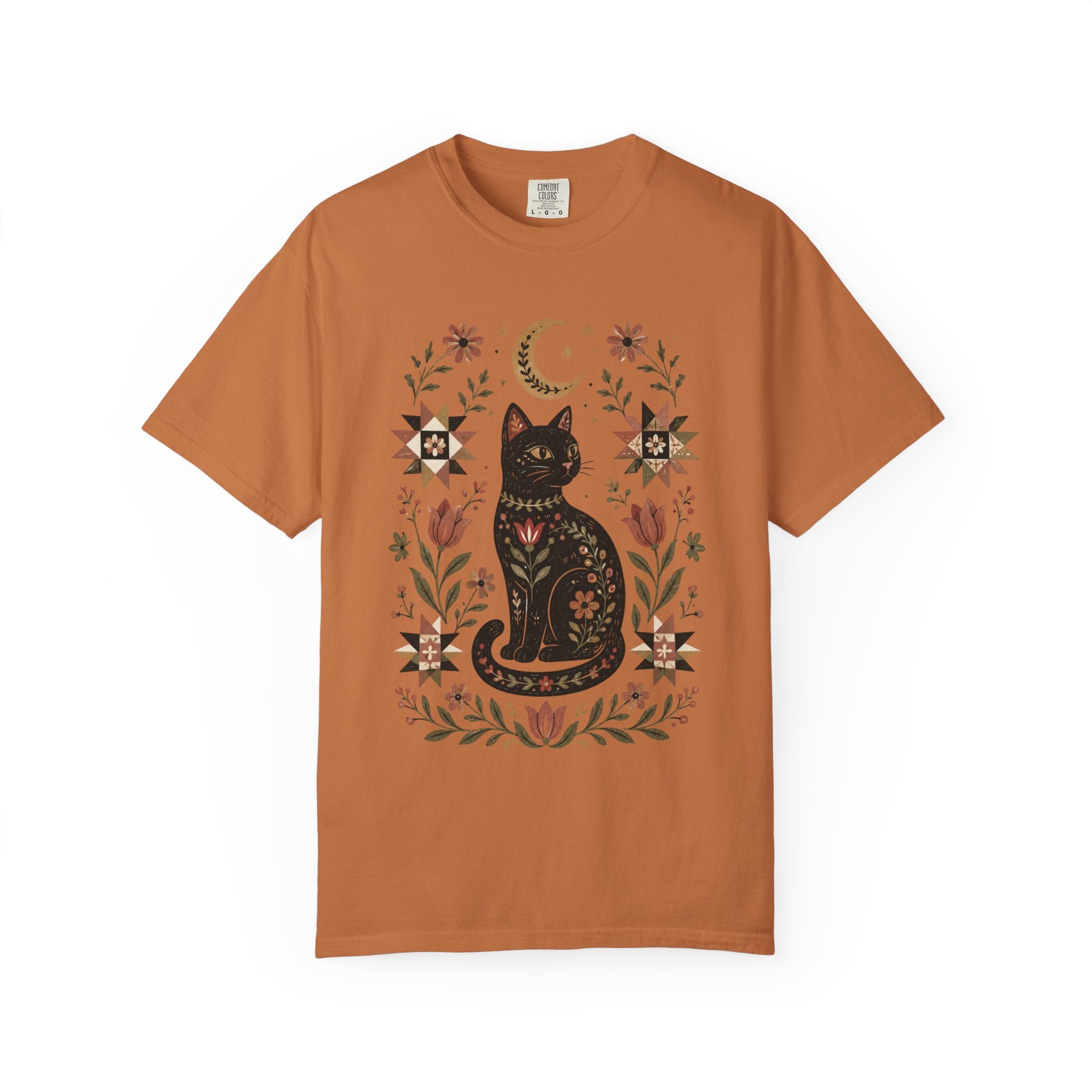 Folk Black Cat Shirt | Celestial Floral Comfort Colors Tee | Witchy Cat Shirt
