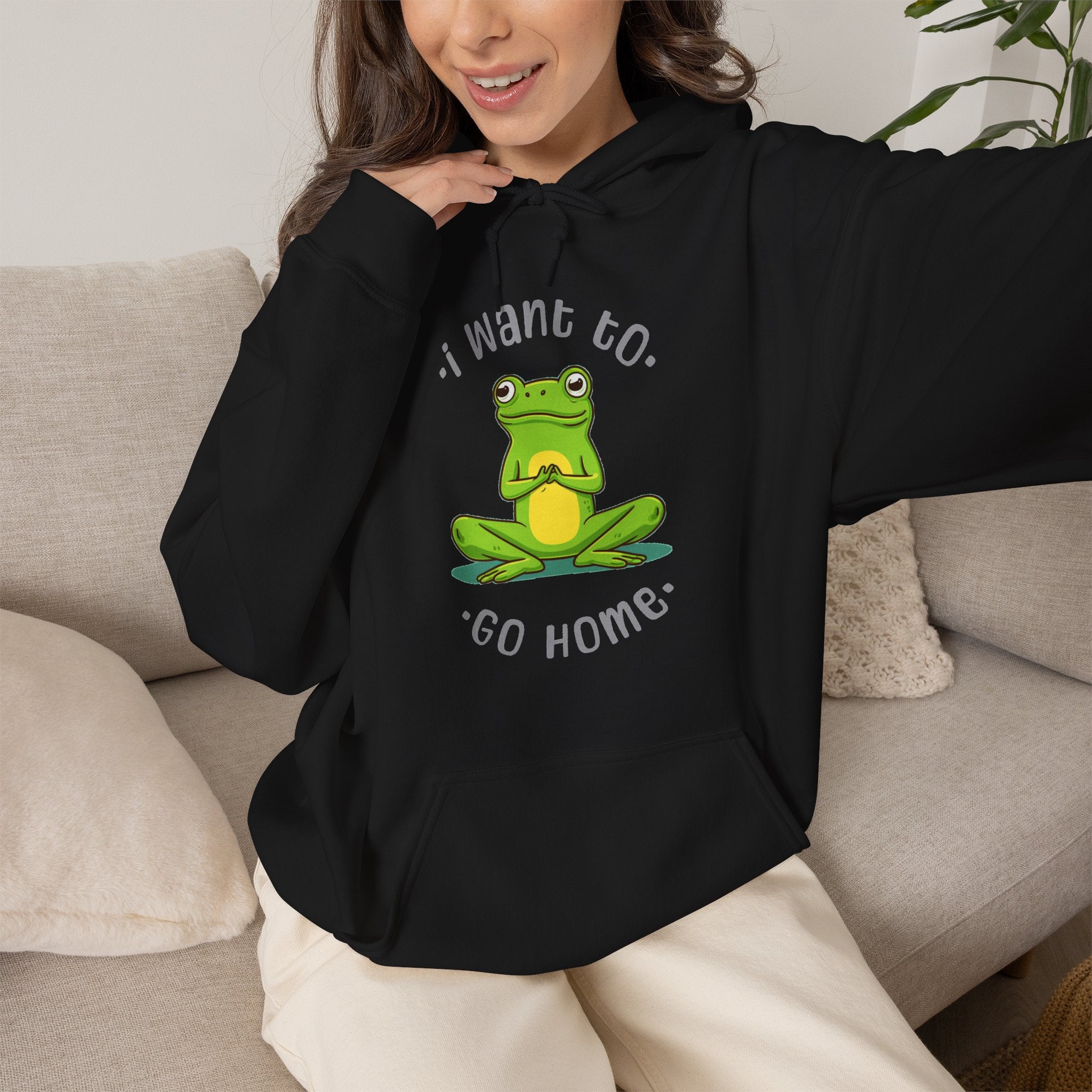 Frog "I Want to Go Home" Hoodie – Cute Cozy Graphic Sweatshirt