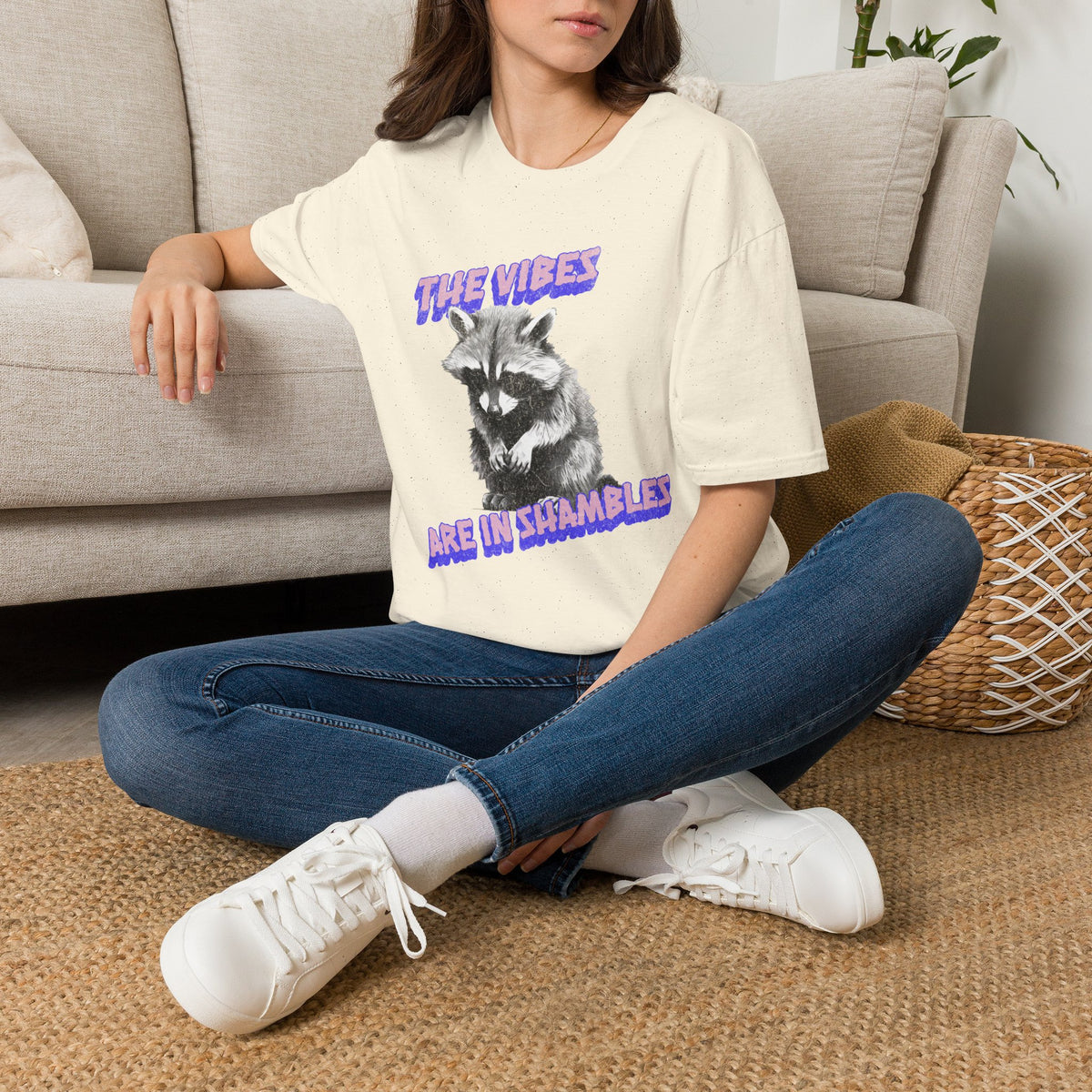 The Vibes Raccoon graphic shirt featuring 'The Vibes Are in Shambles' Retro Graphic