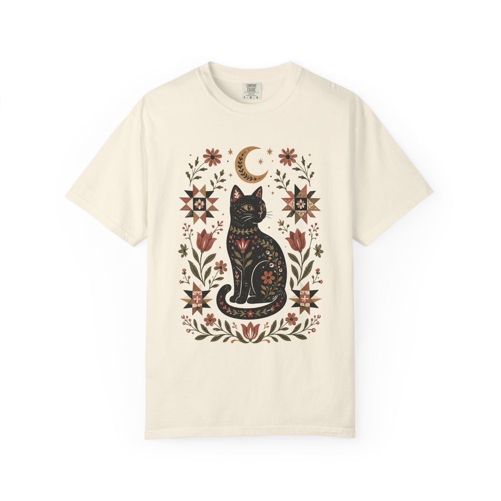 Folk Black Cat Shirt | Celestial Floral Comfort Colors Tee | Witchy Cat Shirt