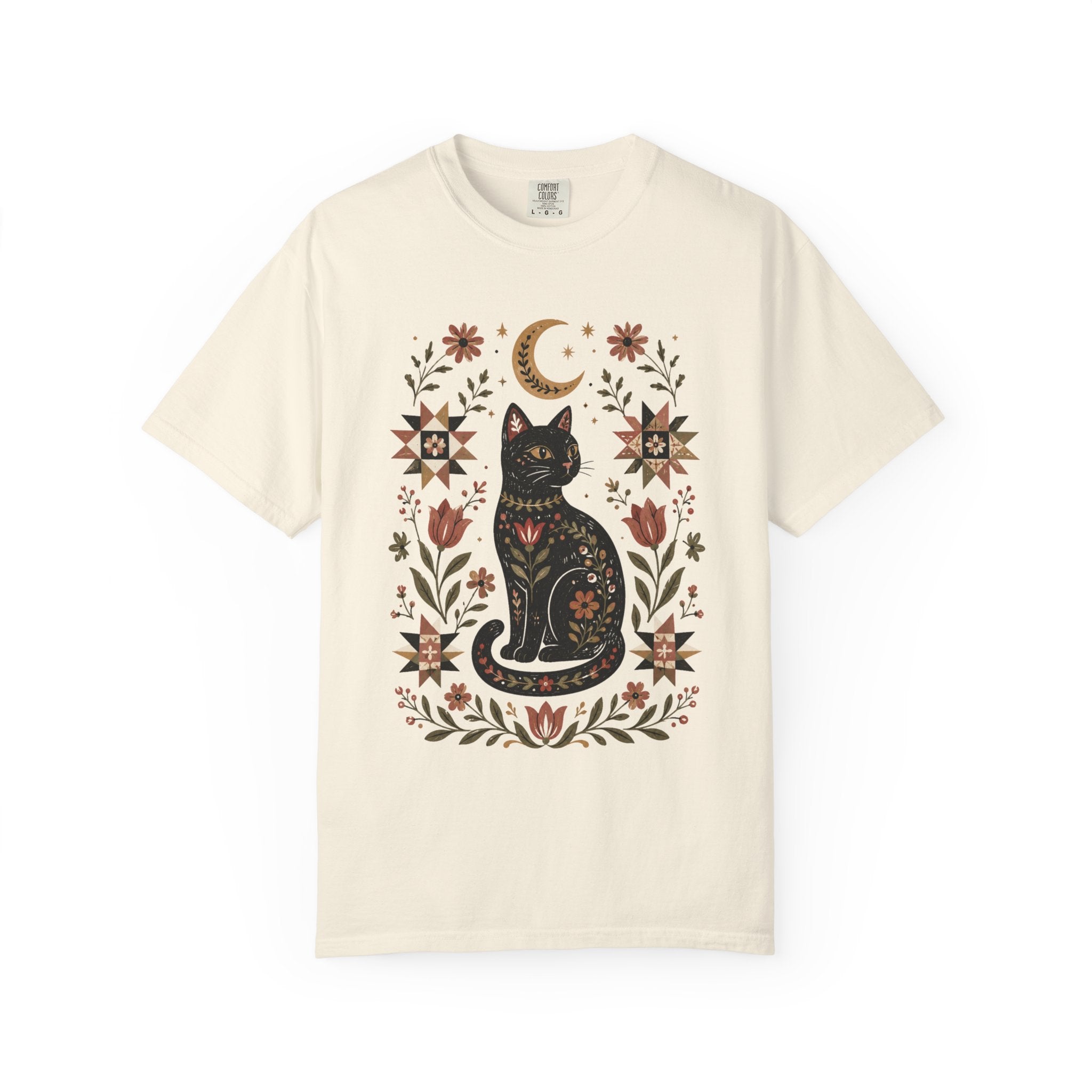 Folk Black Cat Shirt | Celestial Floral Comfort Colors Tee | Witchy Cat Shirt