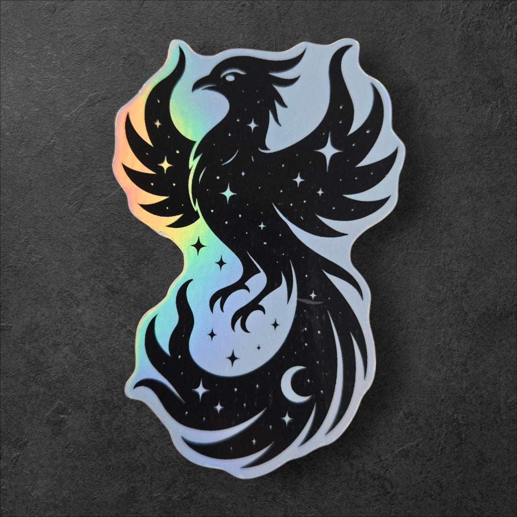 Holographic Phoenix Sticker – Celestial Firebird Vinyl, Water-Resistant Laptop Decal, Witchy Mythical Sticker