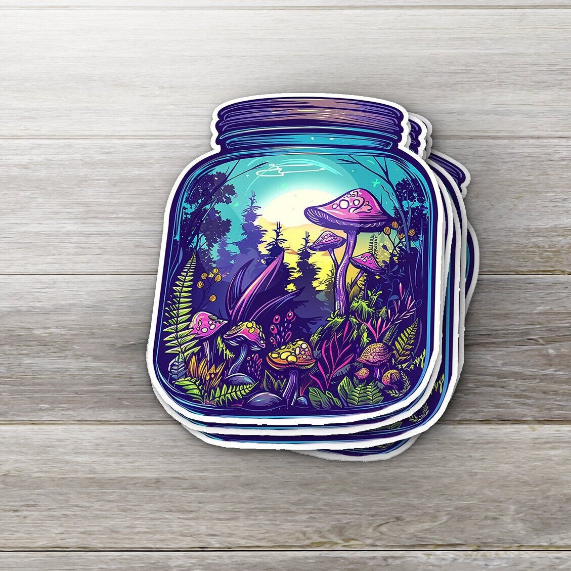 Enchanted Forest in a Jar Sticker, 3x3 Magic Mushroom Vinyl Decal for Nature Lovers