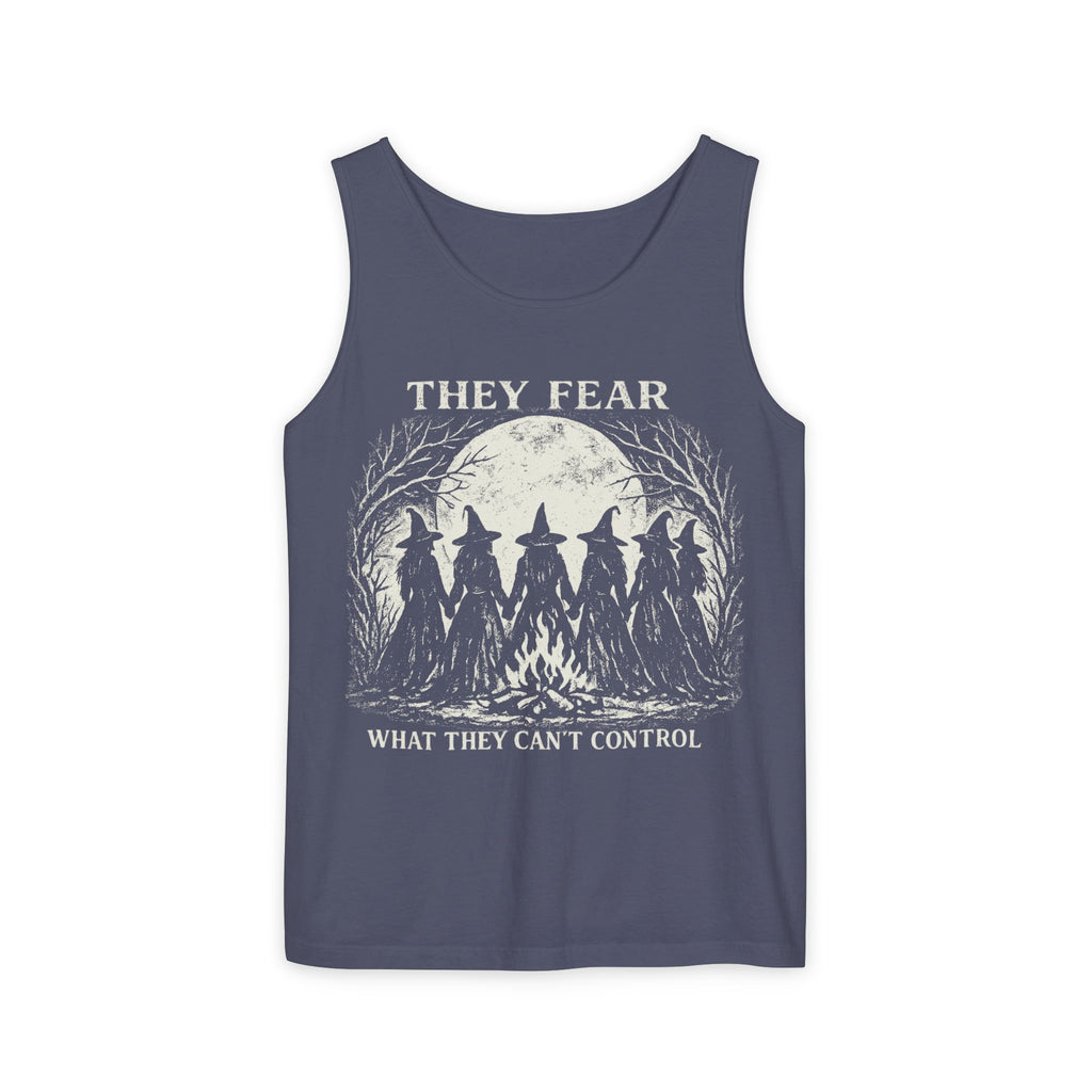 Feminist Witch graphic tank top featuring They Fear What They Can't Control Coven