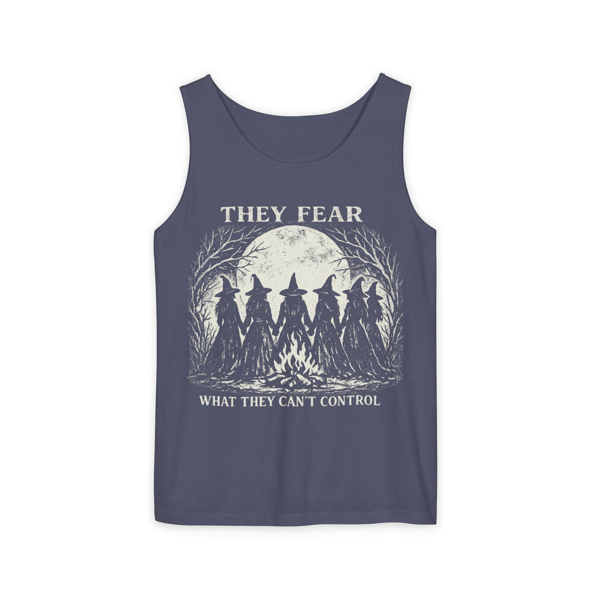 Feminist Witch graphic tank top featuring They Fear What They Can't Control Coven