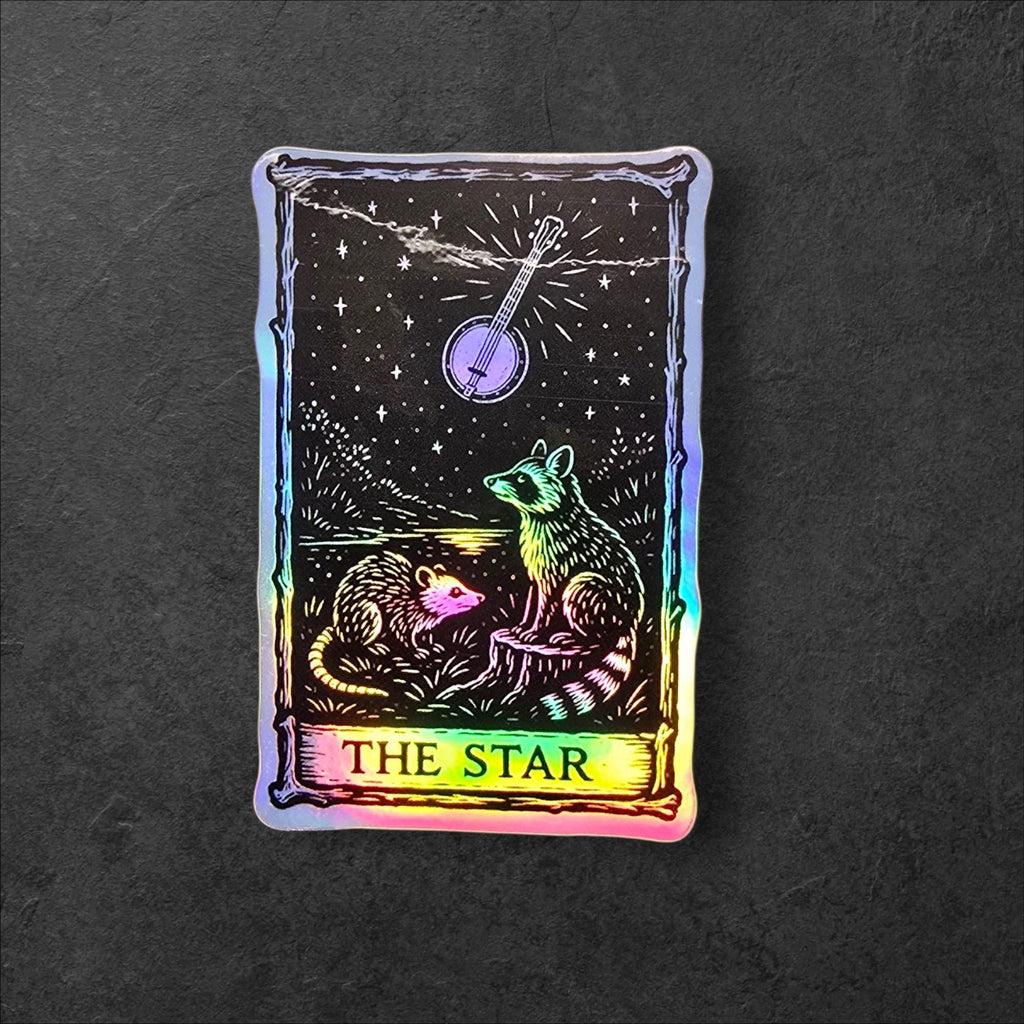 The Star Tarot Sticker – Banjo Possum and Raccoon Vinyl Decal for Laptop, Tumbler, or Journal