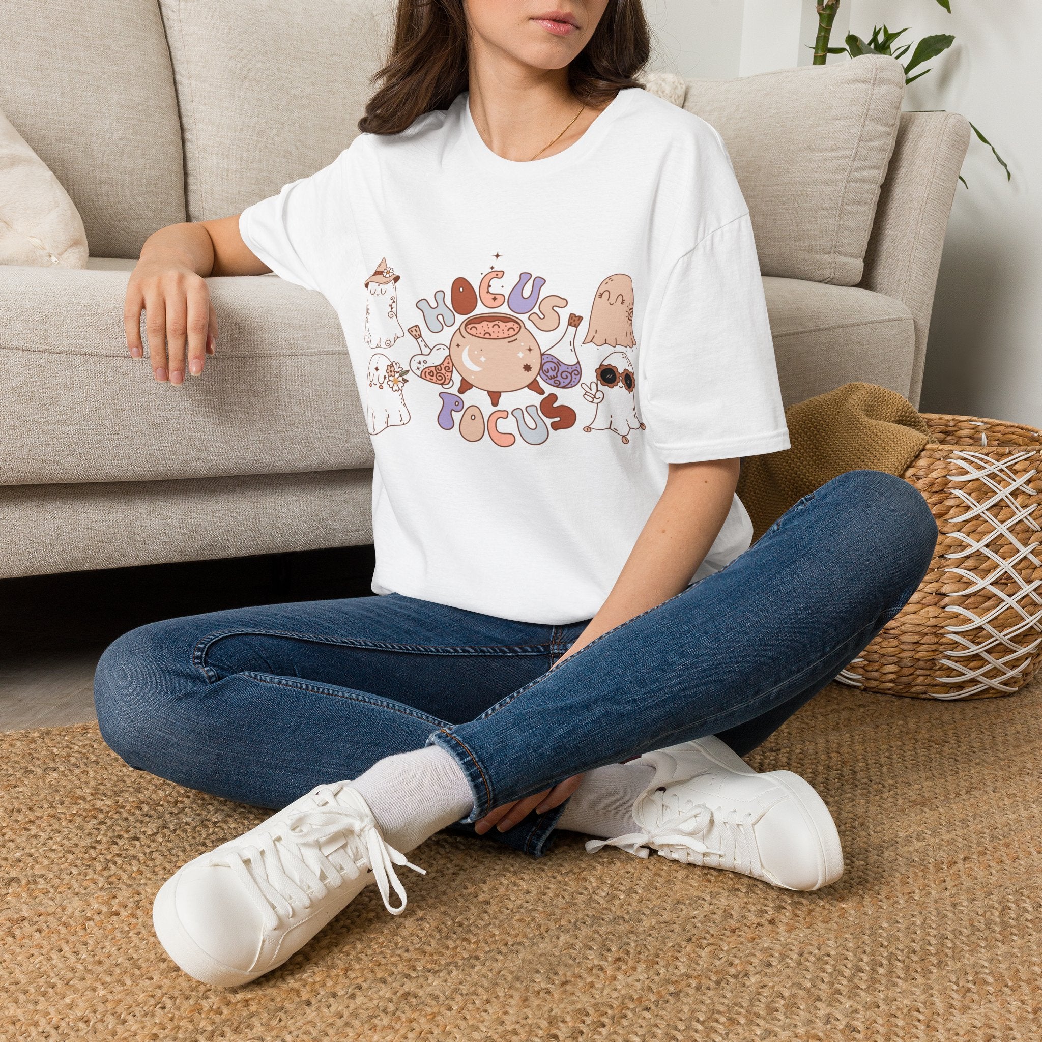 Hocus Pocus Cute Witch Crewneck T‑Shirt — Pastel Halloween Cat & Cauldron Tee