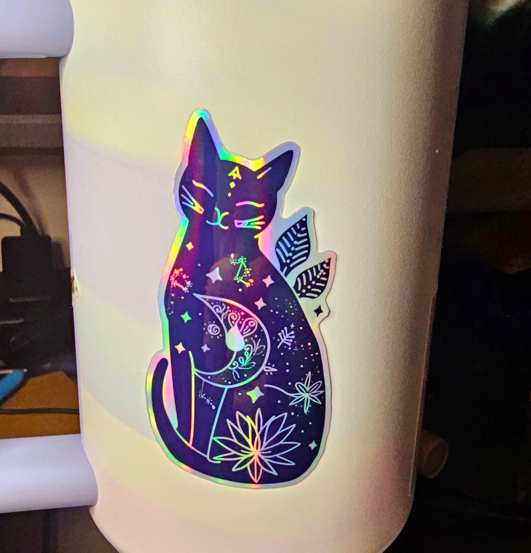 Mystical Black Cat Sticker: Witchy Halloween Decor, Water Resistant