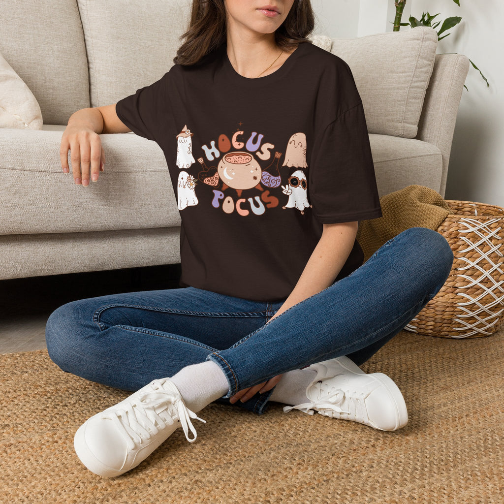 Hocus Pocus Cute Witch Crewneck T‑Shirt — Pastel Halloween Cat & Cauldron Tee