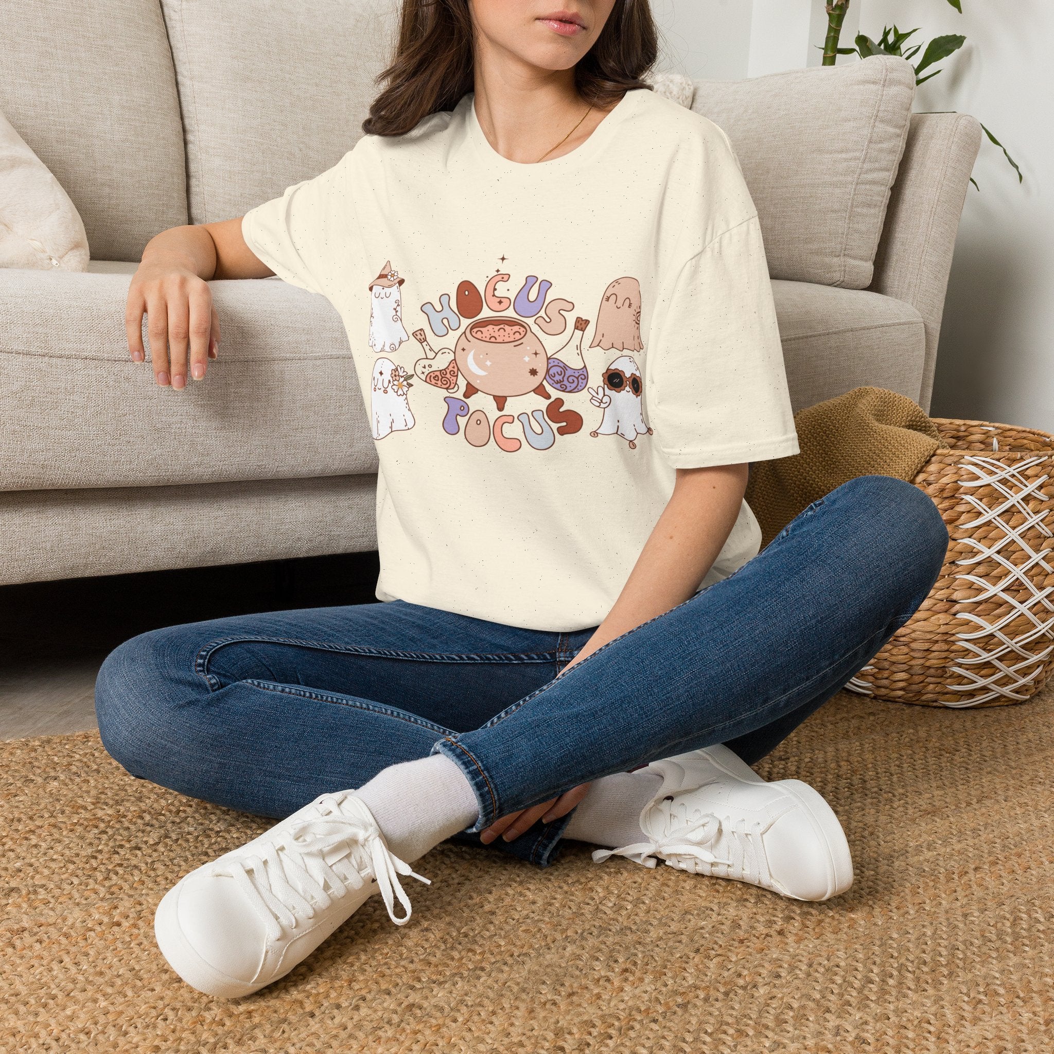 Hocus Pocus Cute Witch Crewneck T‑Shirt — Pastel Halloween Cat & Cauldron Tee
