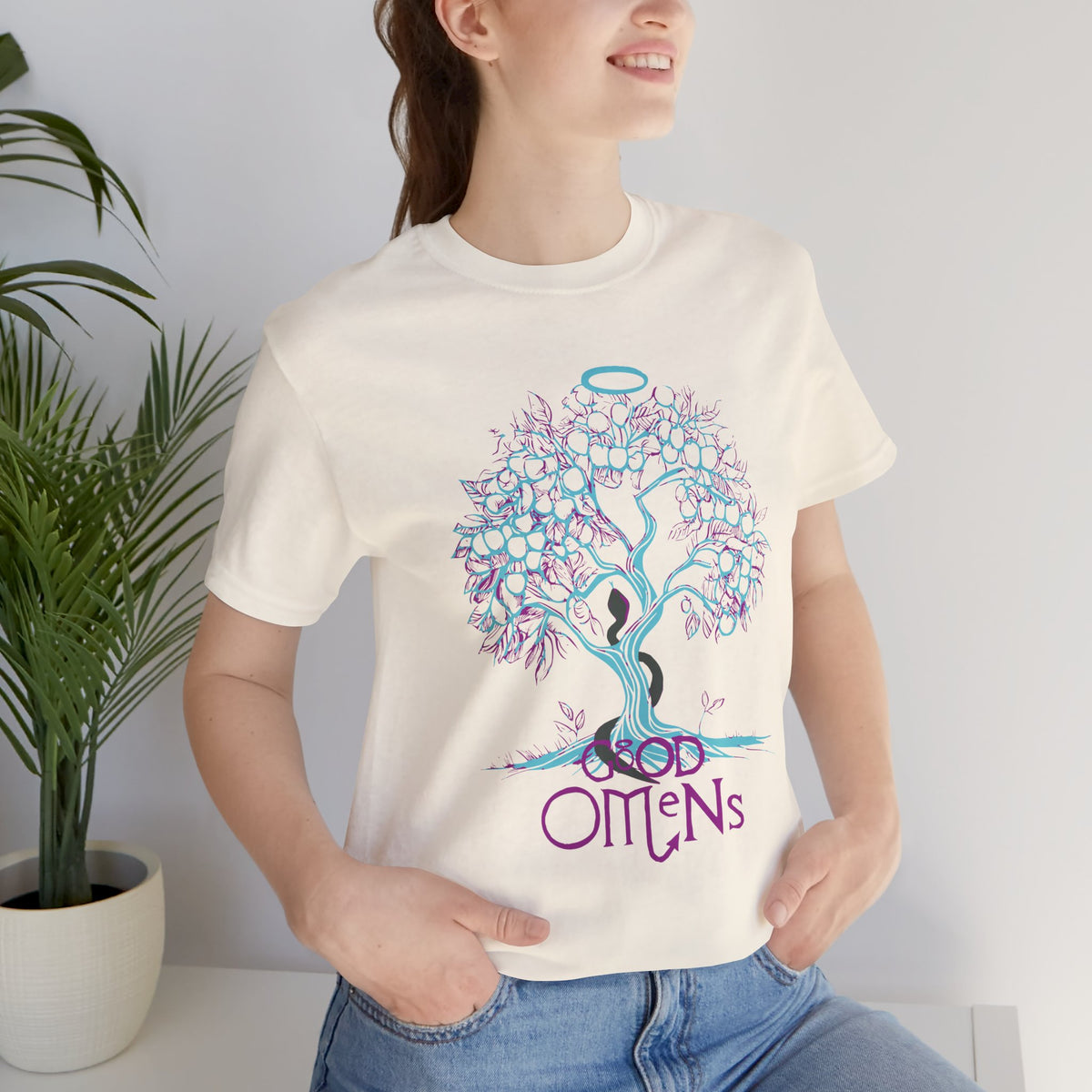 Good Omens Tree of Knowledge Doodle Aziraphale graphic shirt featuring Comic Con Fandom Jersey Short Sleeve Tee