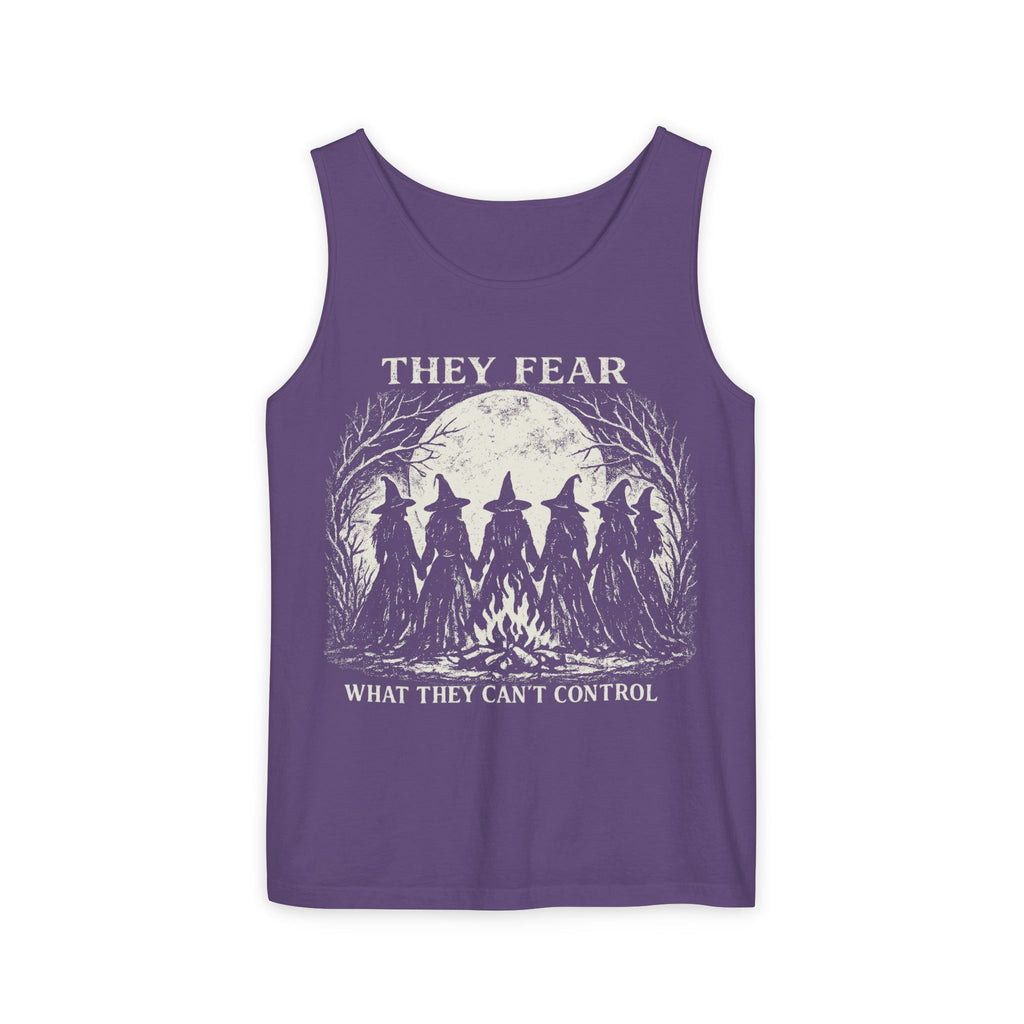 Feminist Witch graphic tank top featuring They Fear What They Can't Control Coven