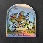Frog and Toad Anti Fascist vinyl sticker featuring Off To Fight Fascism Vintage Book Style