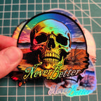 Never Better Skull : 3" Funny Skeleton vinyl sticker featuring Holographic Option in Dark