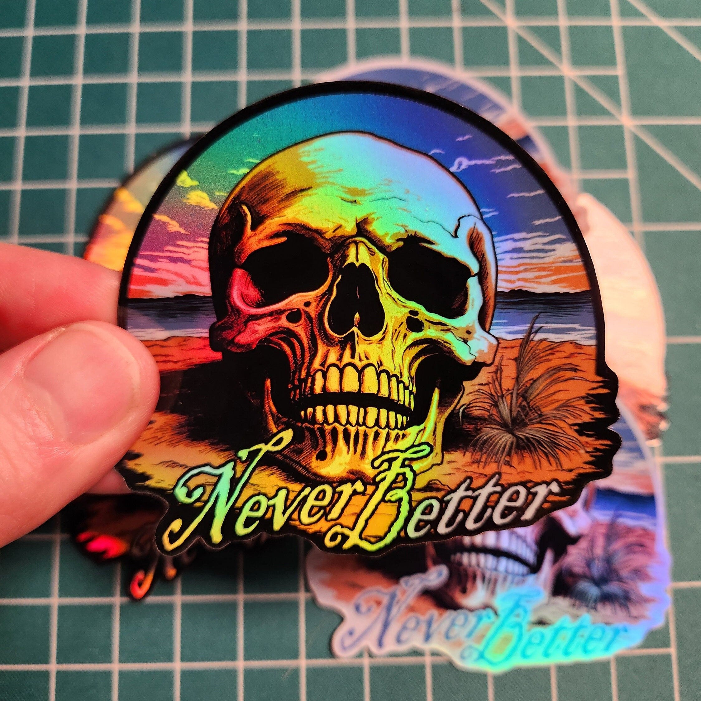 Never Better Skull Sticker: 3" Funny Skeleton Decal, Holographic Option