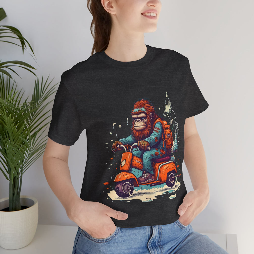 Bigfoot Scooter Graphic Tee — Retro Bigfoot Riding Vespa Adventure T-Shirt