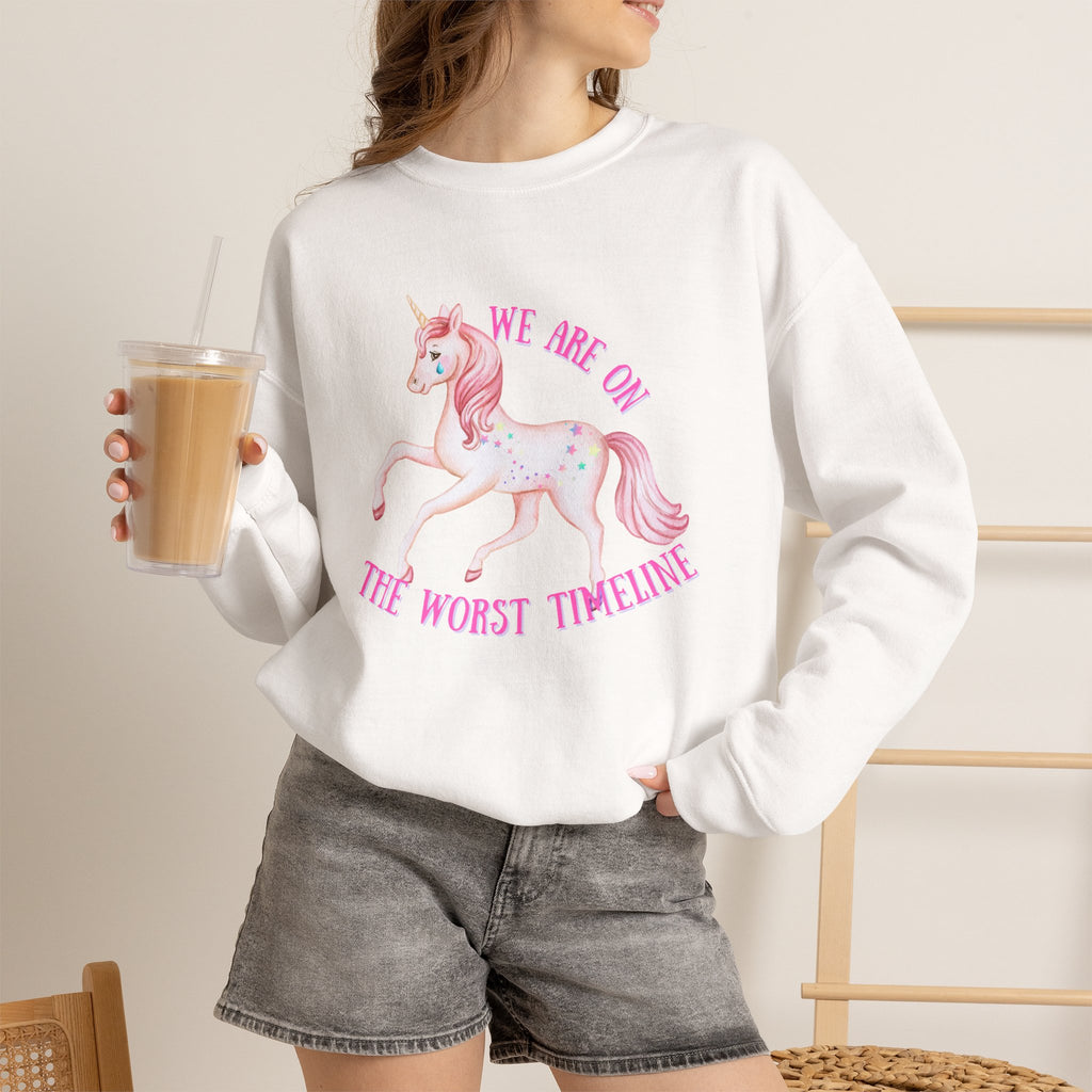 Worst Timeline Sweatshirt, Funny Unicorn Graphic, Existential Humor Crewneck