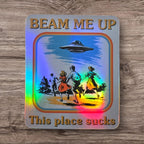 Beam Me Up UFO vinyl sticker featuring Funny Retro Sci-Fi Vinyl Decal