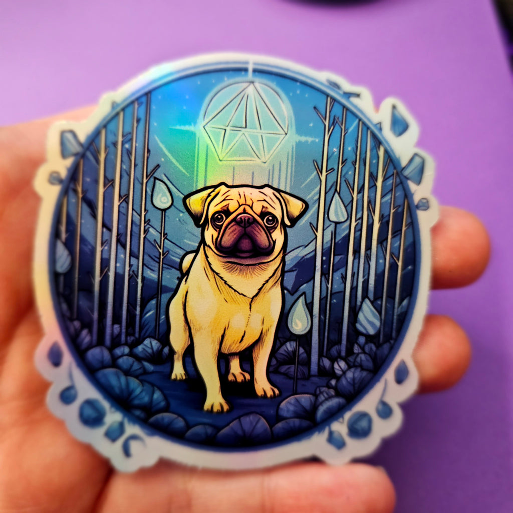 Mystical Pug Sticker: Witchy Dog Vinyl Decal, Crystal Forest Art