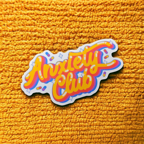 90s Anxiety Club Holographic vinyl sticker featuring Y2K Water-Resistant Decal in White