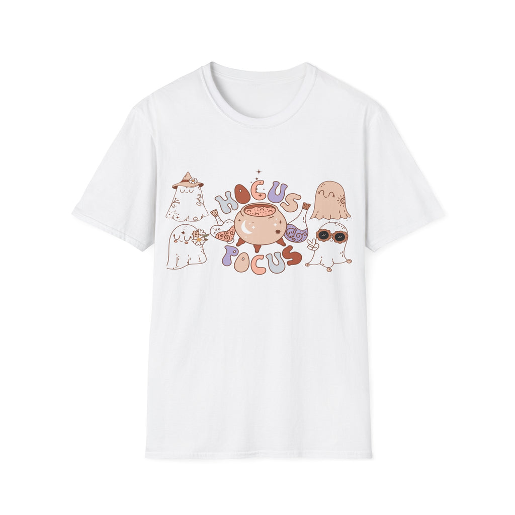 Hocus Pocus Cute Witch Crewneck T‑Shirt — Pastel Halloween Cat & Cauldron Tee