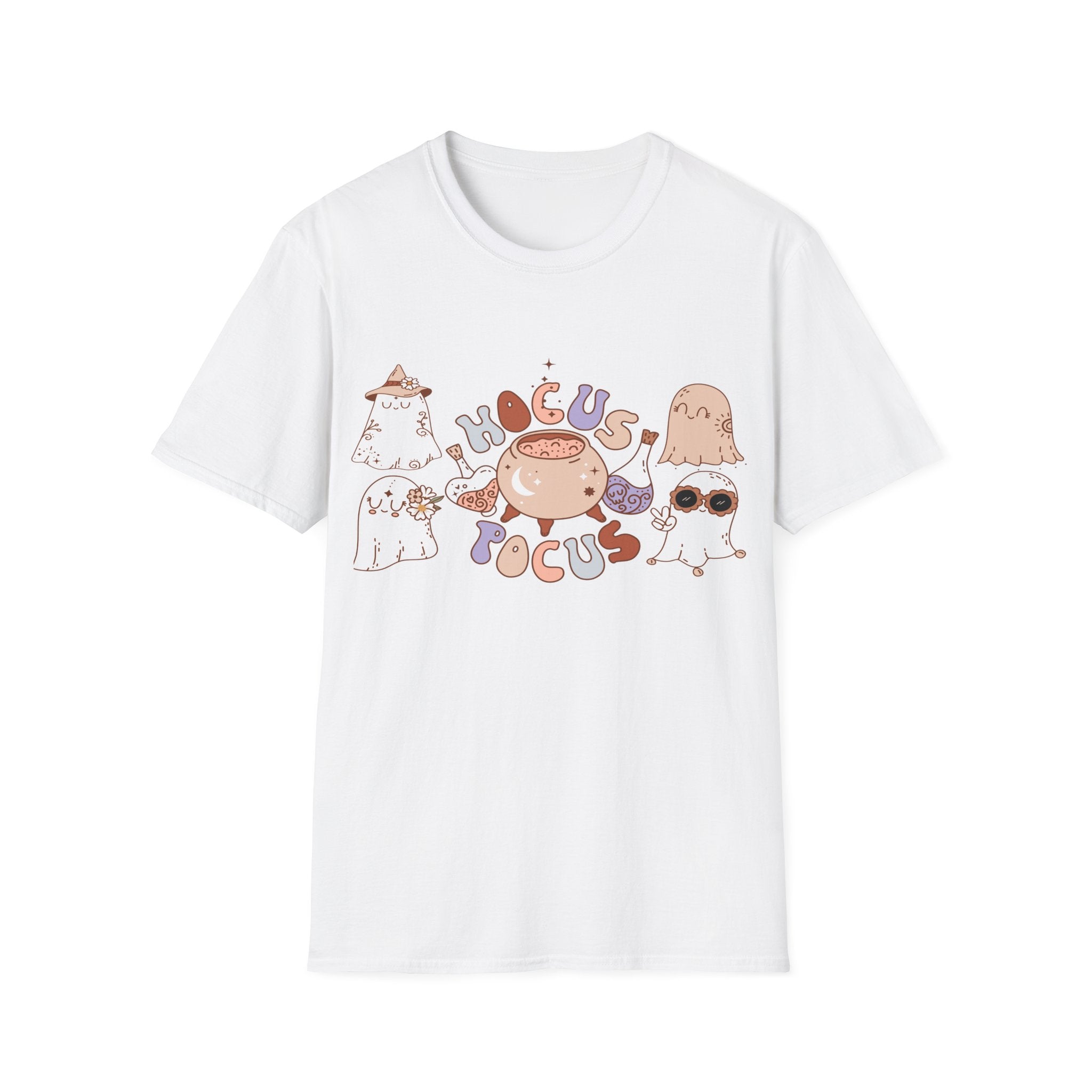Hocus Pocus Cute Witch Crewneck T‑Shirt — Pastel Halloween Cat & Cauldron Tee