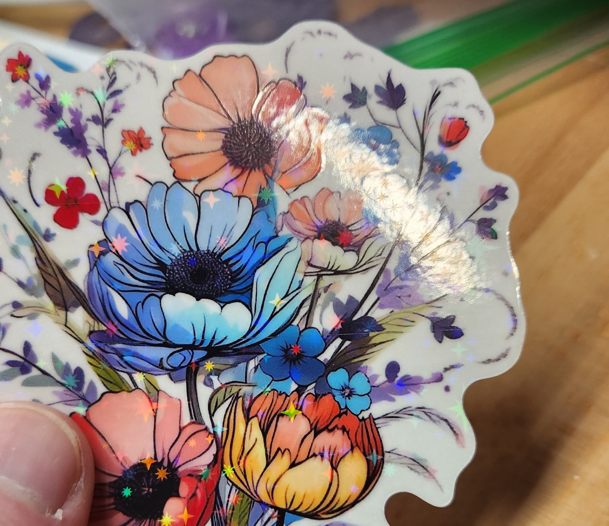 Holographic Wildflower Sticker: Clear Water-Resistant Decal (3x3")