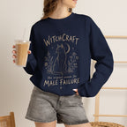 Witchcraft The Original Excuse for Male Failure graphic sweatshirt featuring Feminist Black Cat Crewneck