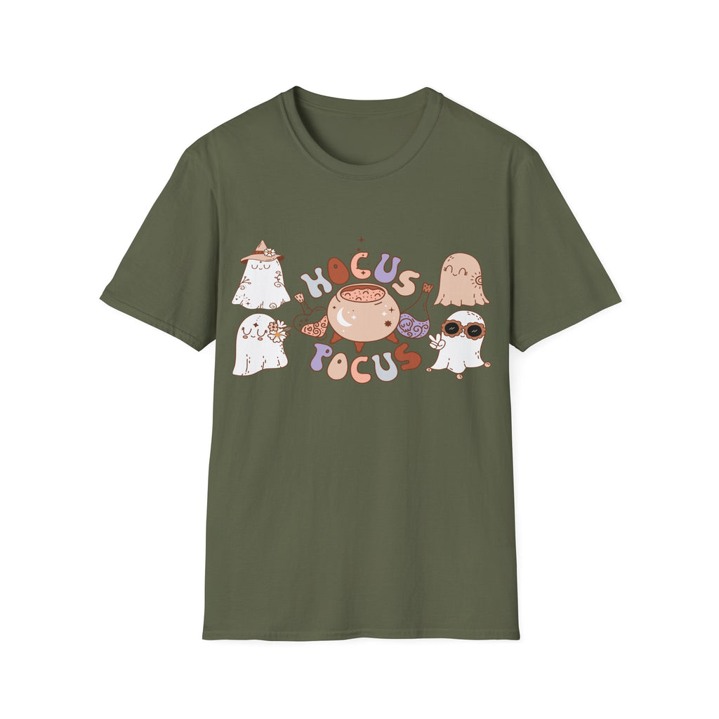 Hocus Pocus Cute Witch Crewneck T‑Shirt — Pastel Halloween Cat & Cauldron Tee