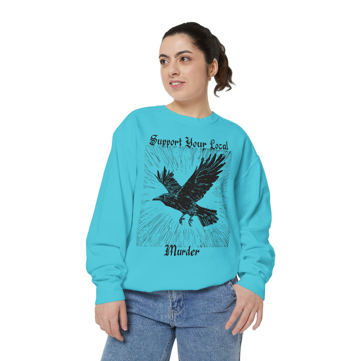 Support Your Local Murder graphic sweatshirt featuring Crow Linocut Sweater