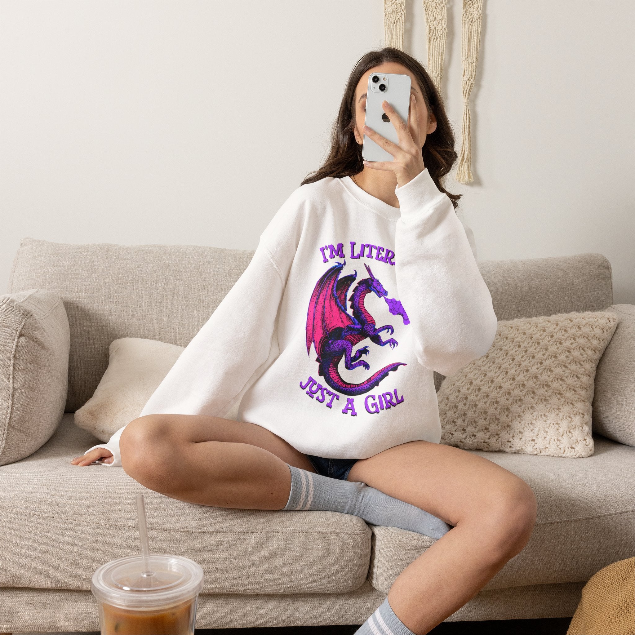 Retro Dragon Sweatshirt Im Literally Just a Girl Monster Girl Aesthetic 80s Fantasy Crewneck