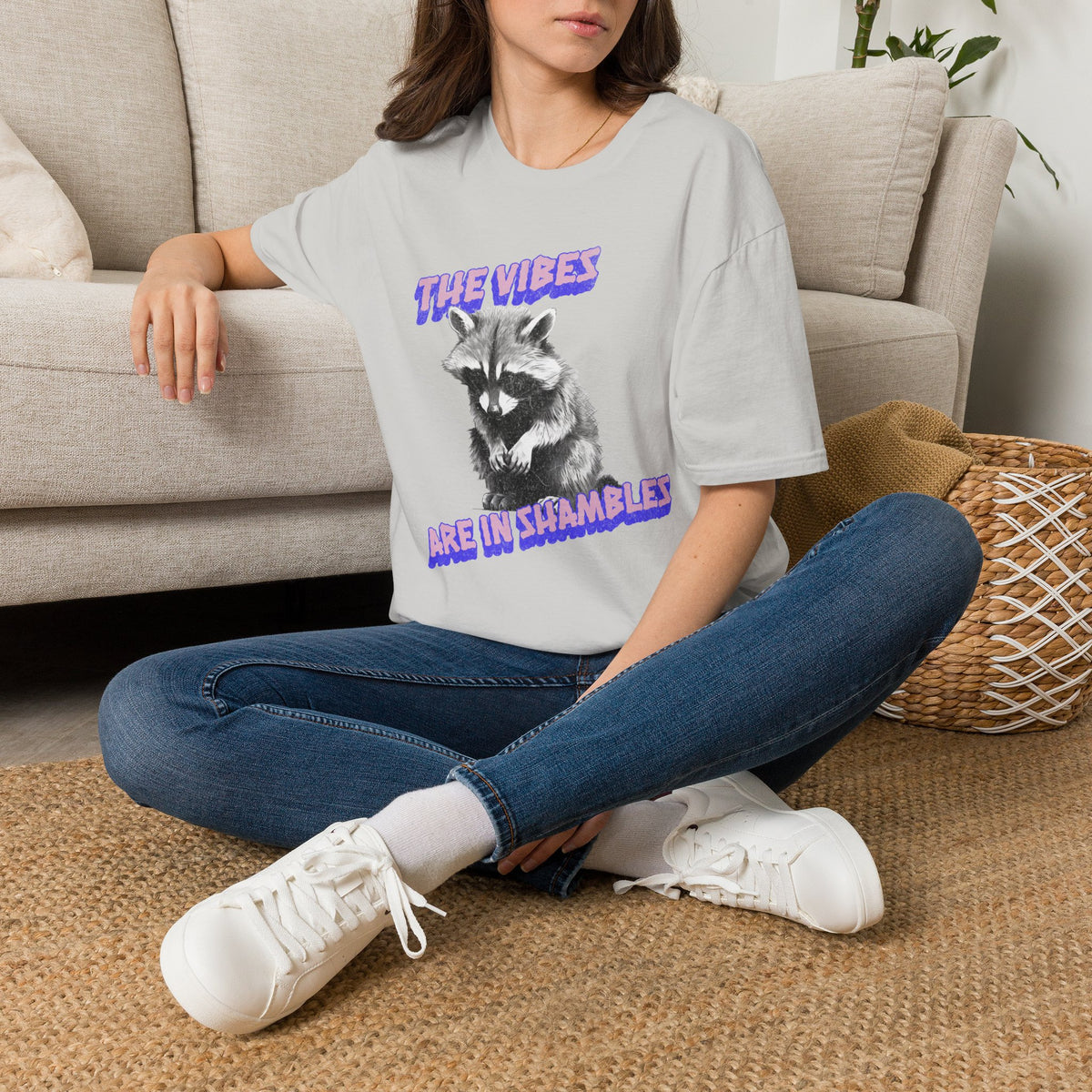 The Vibes Raccoon graphic shirt featuring 'The Vibes Are in Shambles' Retro Graphic