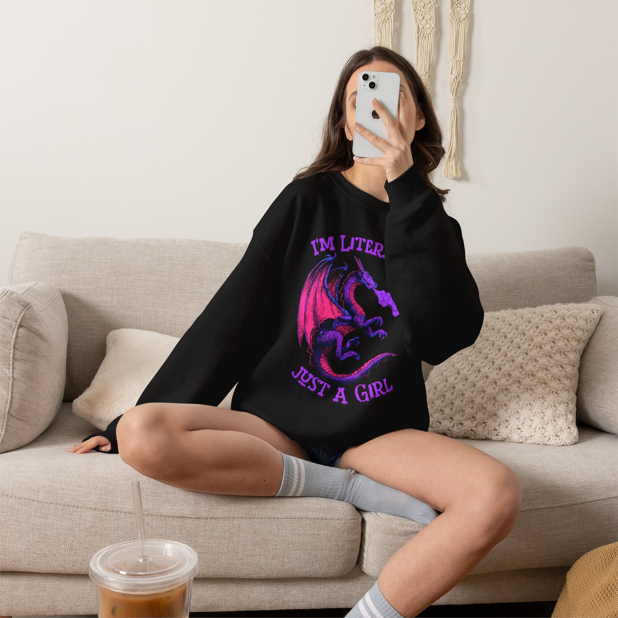 Retro Dragon Sweatshirt Im Literally Just a Girl Monster Girl Aesthetic 80s Fantasy Crewneck