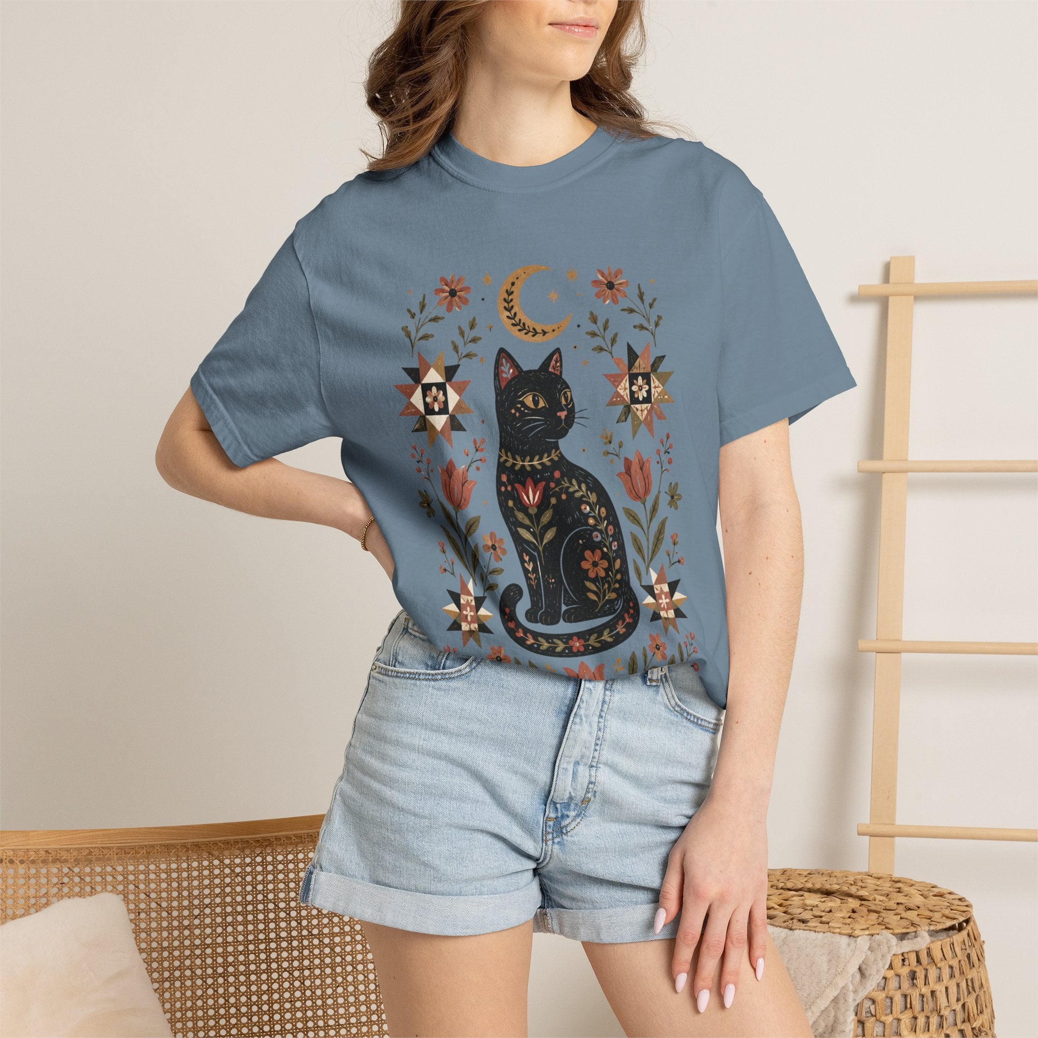 Folk Black Cat Shirt | Celestial Floral Comfort Colors Tee | Witchy Cat Shirt