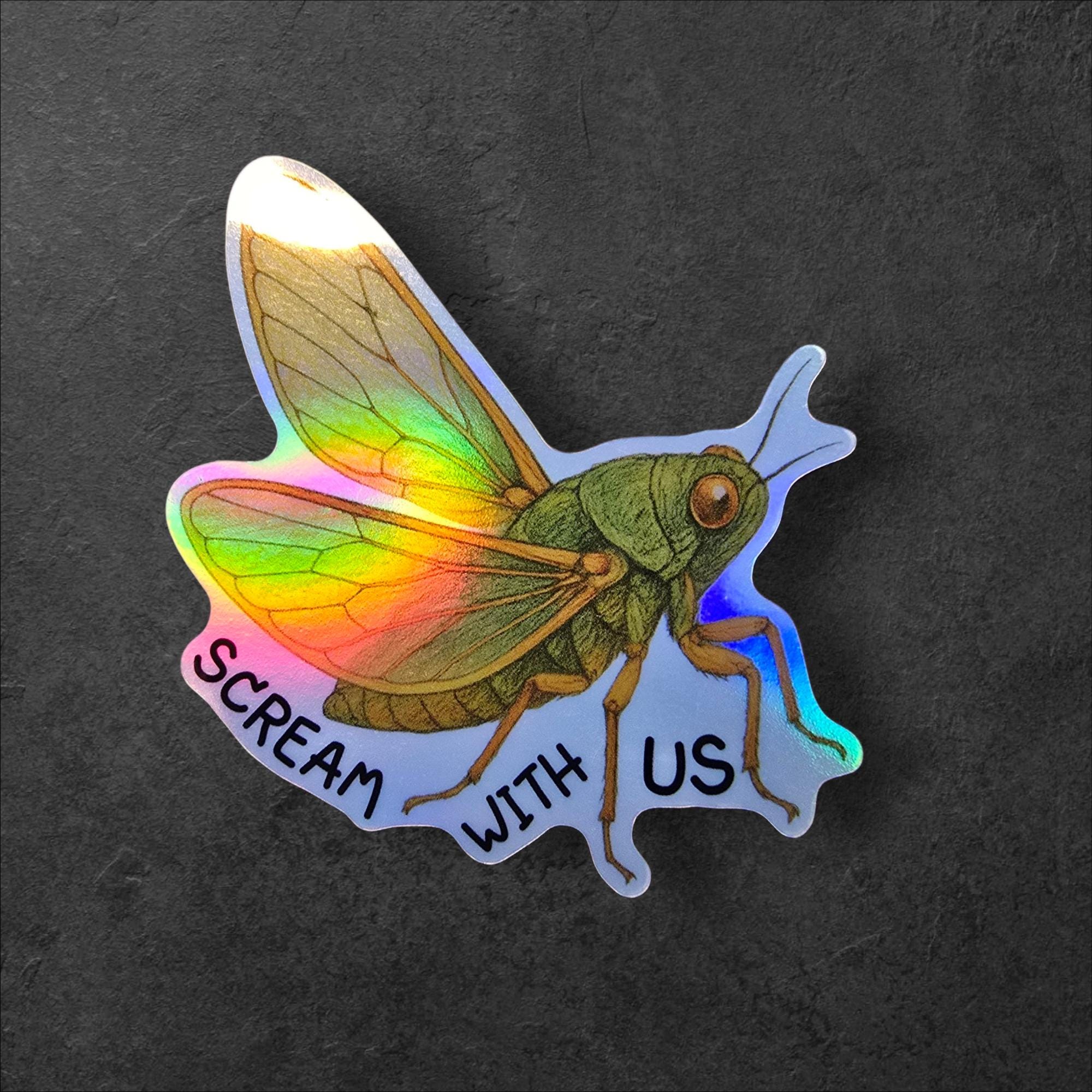 Scream With Us Cicada Sticker | Funny Bug Vinyl Decal, Holographic or Matte Insect Sticker