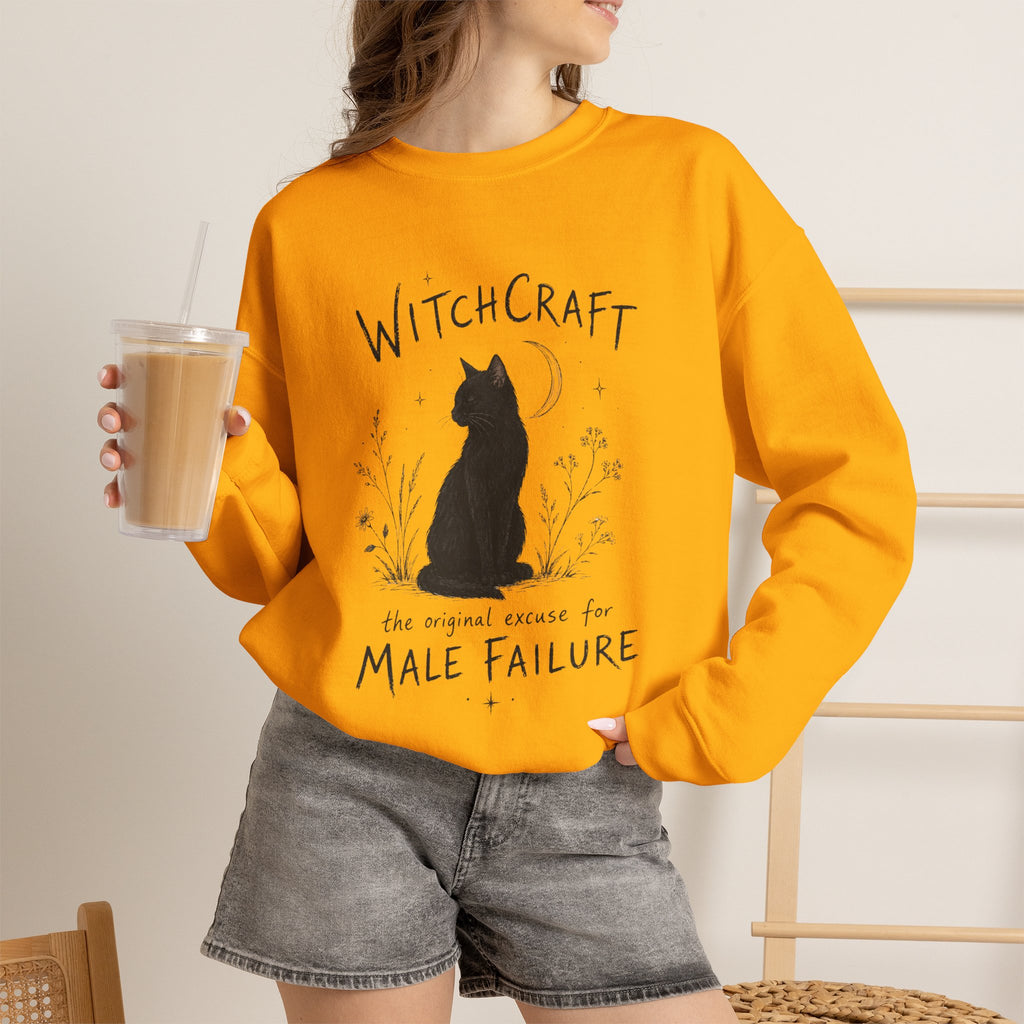 Witchcraft The Original Excuse for Male Failure graphic sweatshirt featuring Feminist Black Cat Crewneck
