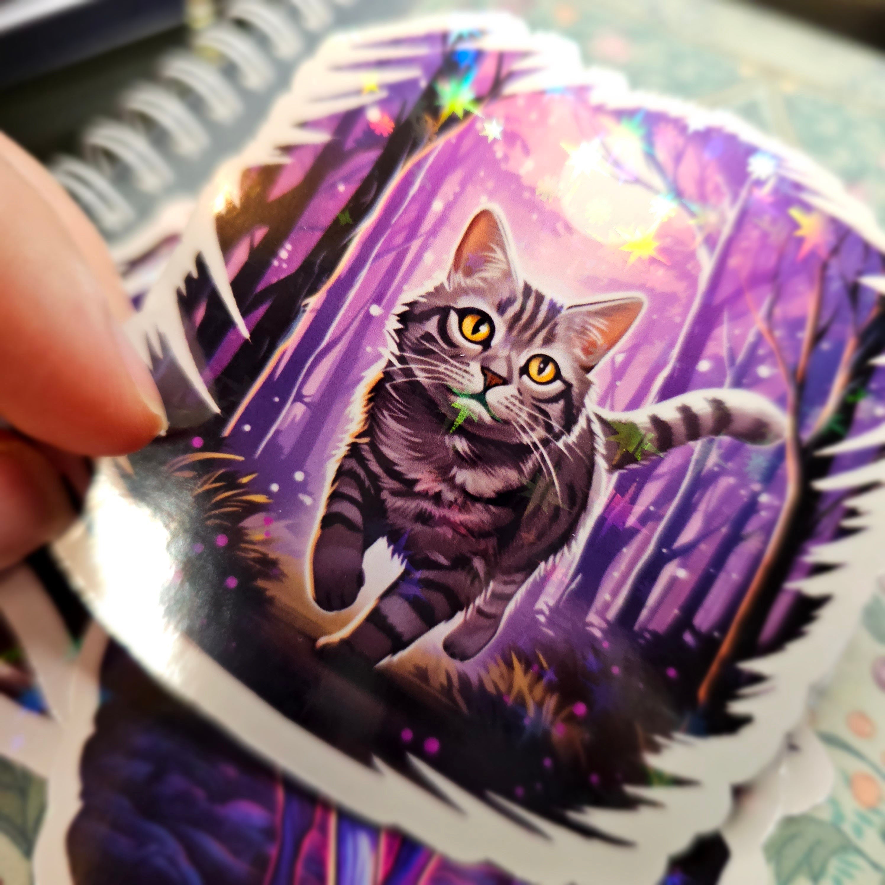Holographic Cat Familiar Sticker: Witchy Gray Tabby Decal
