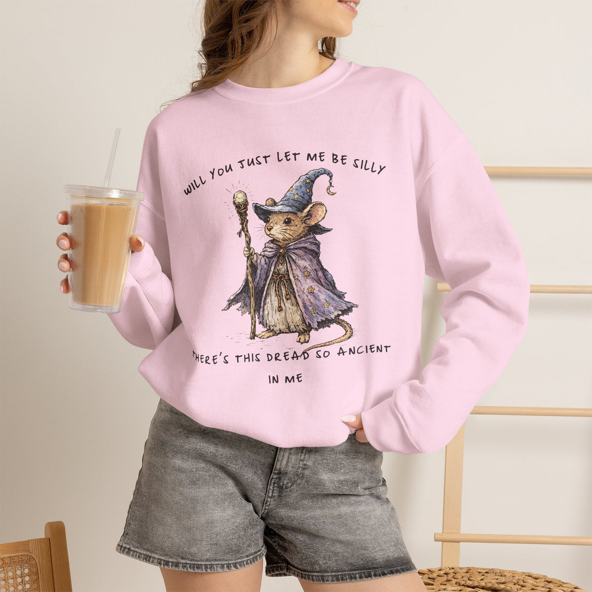 Will You Just Let Me Be Silly Sweatshirt | Wizard Mouse Sweatshirt, Whimsical Existential Humor, Cozy Fantasy Crewneck