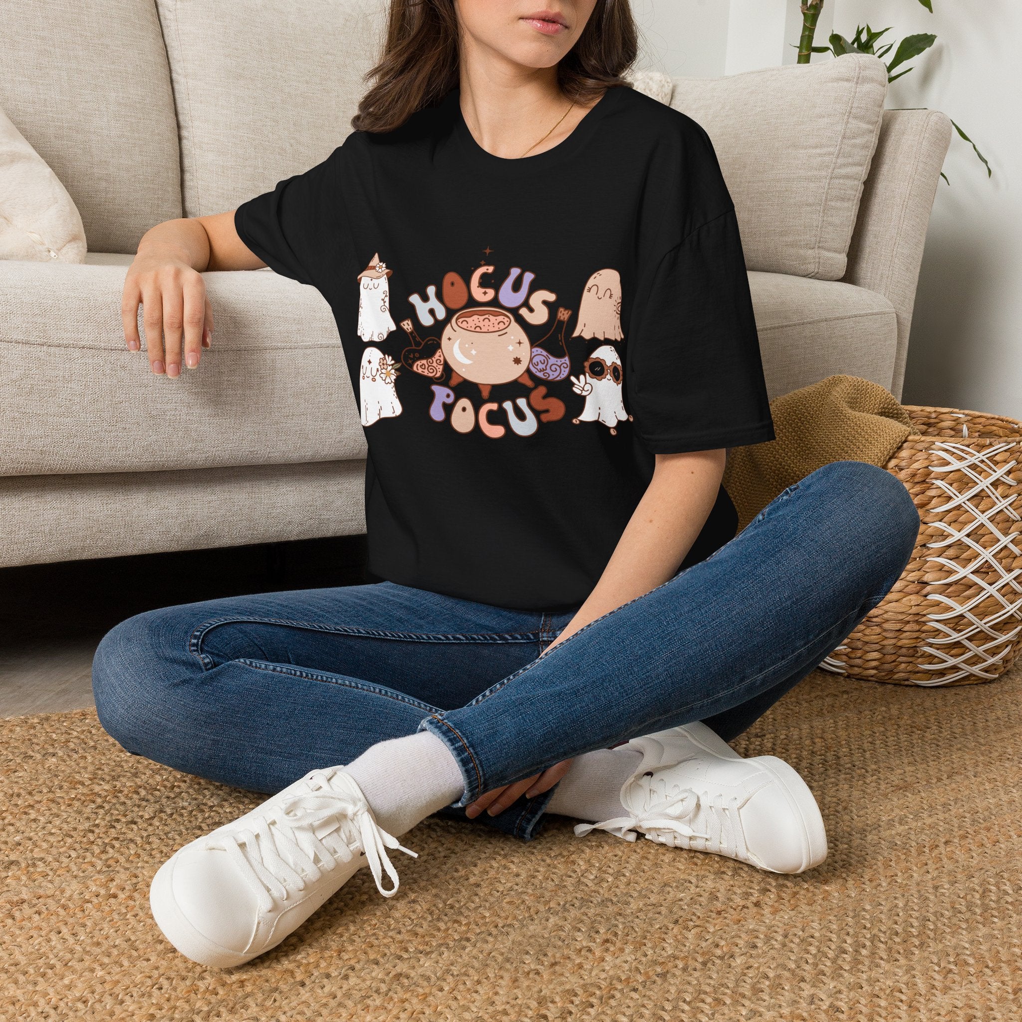 Hocus Pocus Cute Witch Crewneck T‑Shirt — Pastel Halloween Cat & Cauldron Tee