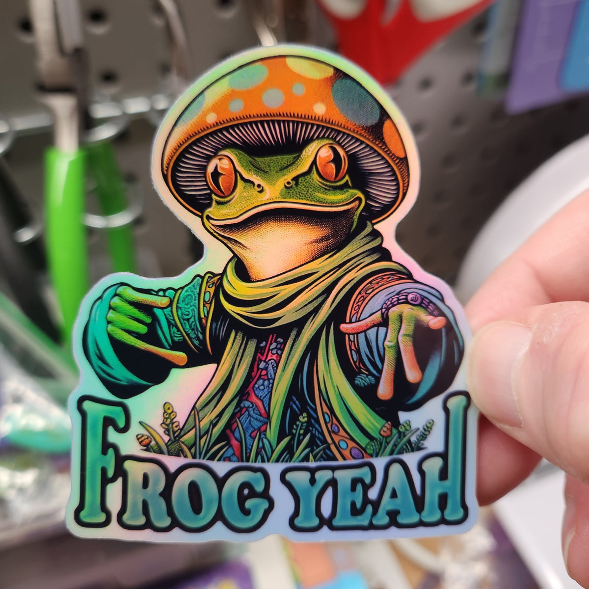 Mushroom Frog vinyl sticker featuring Psychedelic Cottagecore Water-Resistant