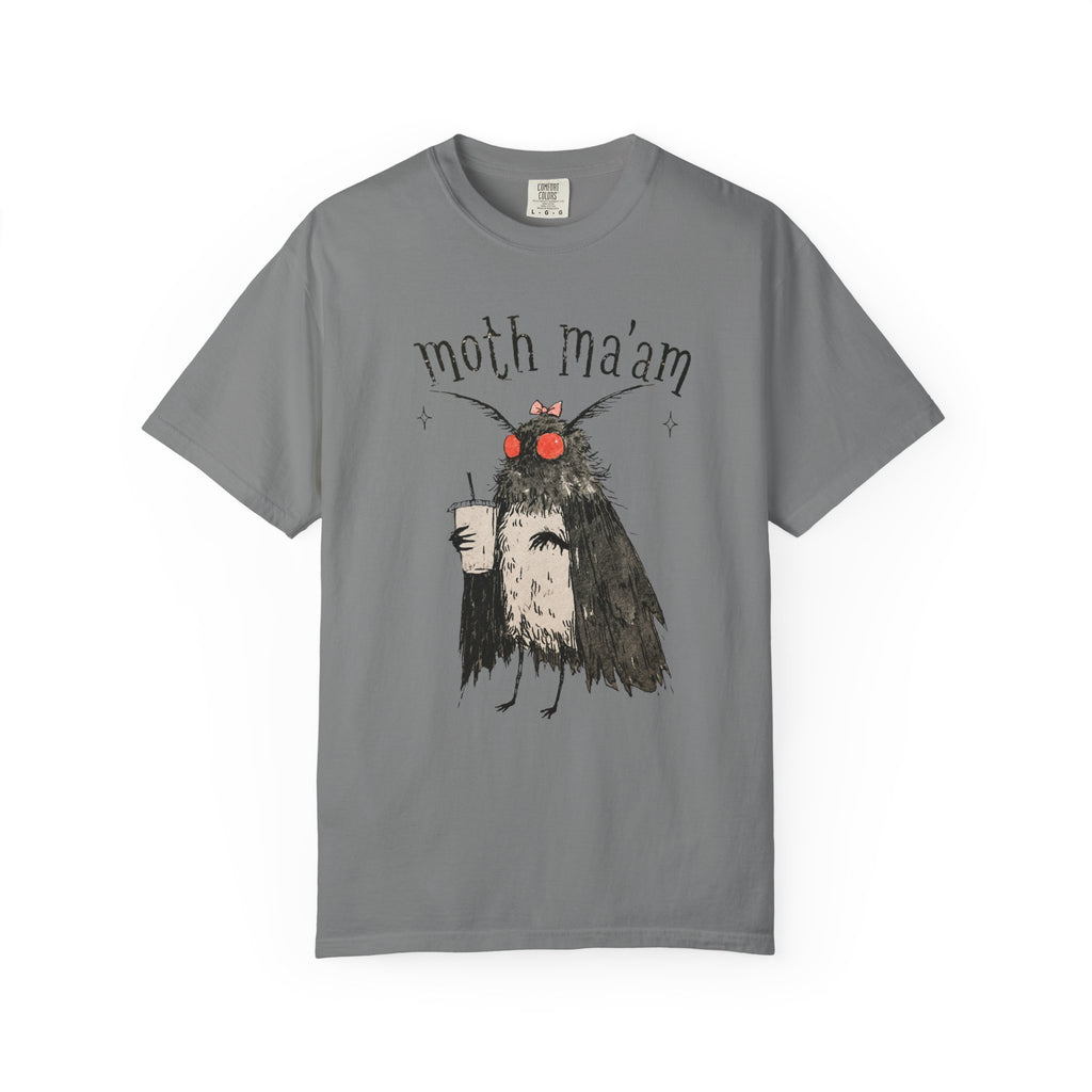 Front view of Moth Ma’am — Cute Mothman Cryptid Humor Design T-shirt