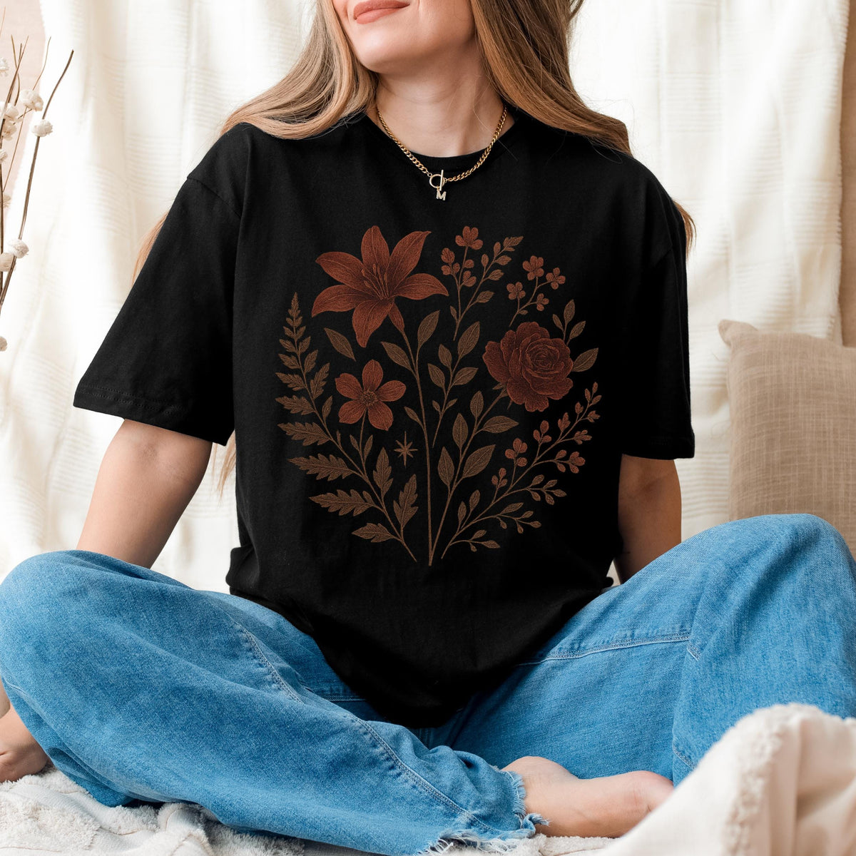 Gothic Floral graphic shirt featuring Dark Botanical Witchy Cottagecore Graphic in Dark Chocolate