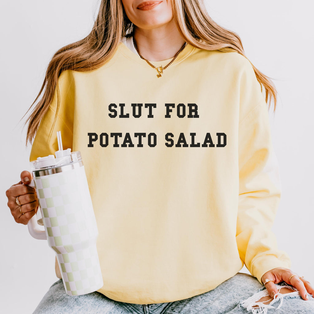 Obsessed with Potato Salad graphic sweatshirt featuring Funny Food Lover Crewneck in Butter