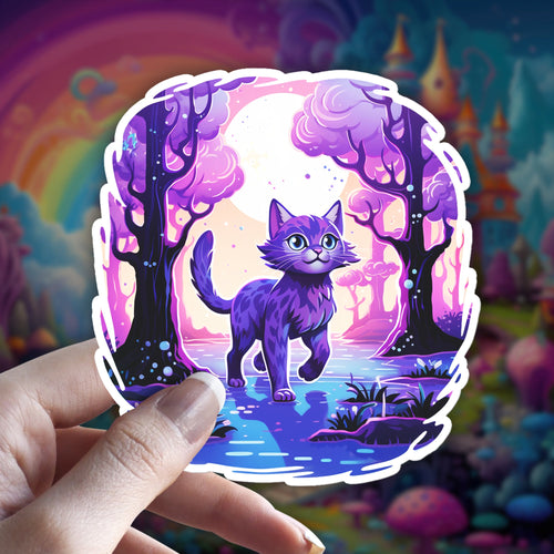 Calico Cat Cottagecore vinyl sticker featuring Fantasy Moonlit Forest Vinyl Decal