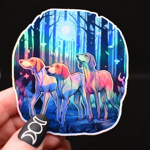 American Foxhound Holographic vinyl sticker featuring Colorful Dog Art in Moonlit Forest in White