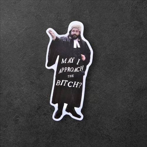 "May I Approach the Bitch" vinyl sticker featuring What We Do in the Shadows Meme Decal in White