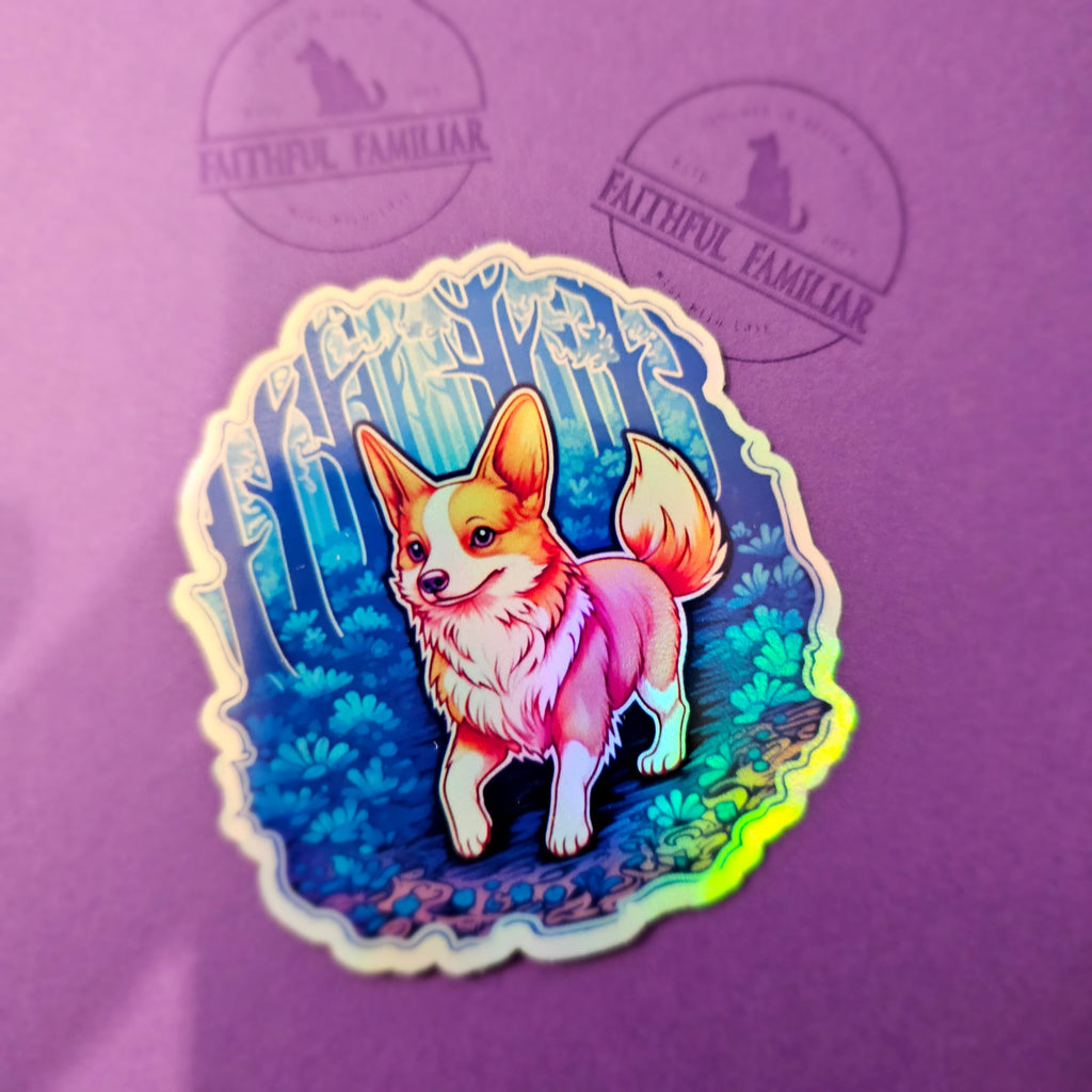 Witchy Corgi Familiar Sticker: Holographic Dog Lover Gift