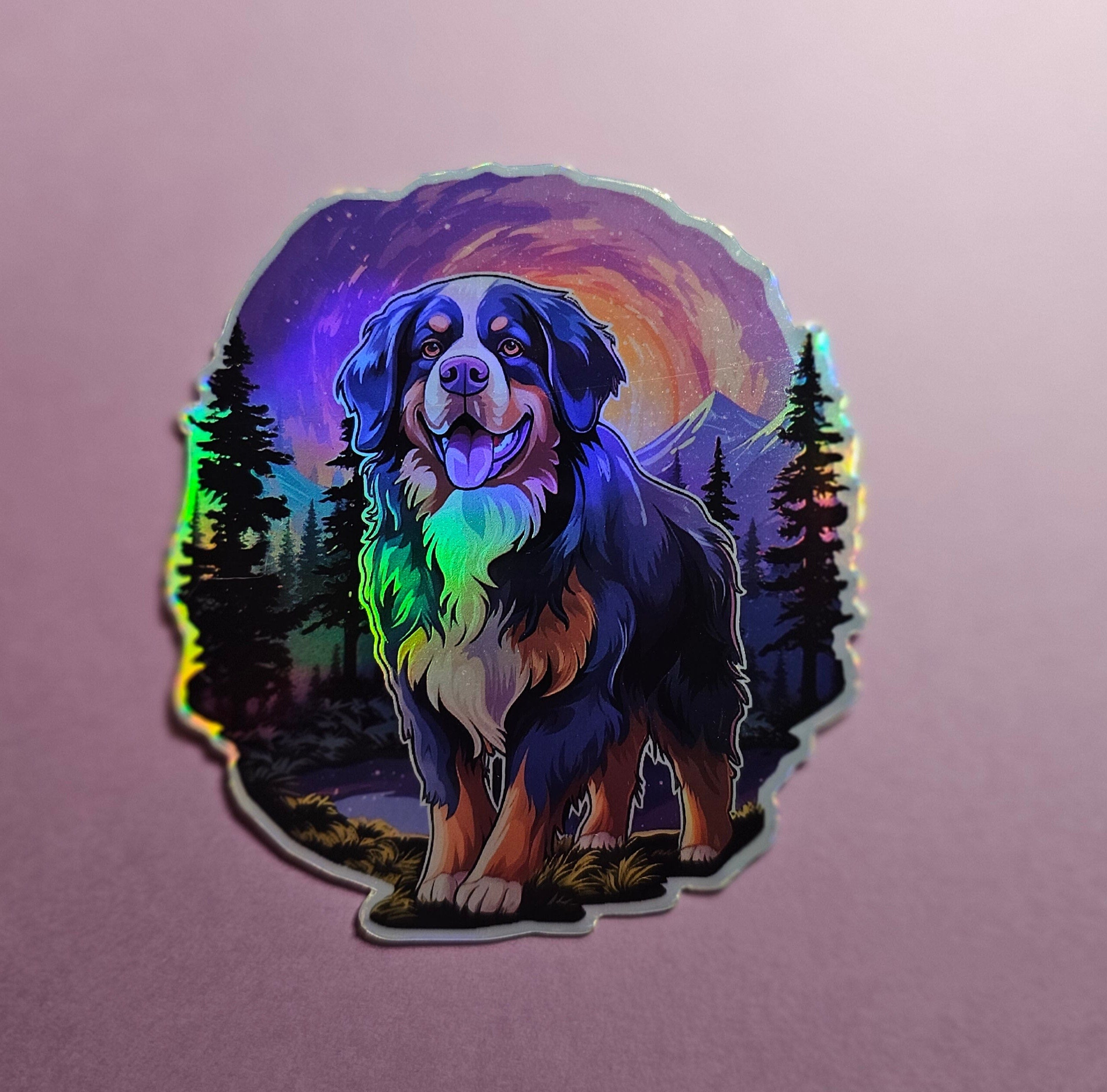 Psychedelic Bernese Mountain Dog Sticker | Colorful Nature Vinyl Decal for Water Bottles & Laptops
